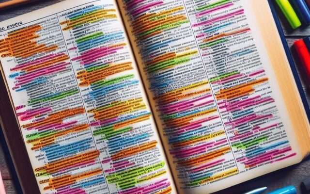 Ein Wörterbuch mit farbig markierten Einträgen